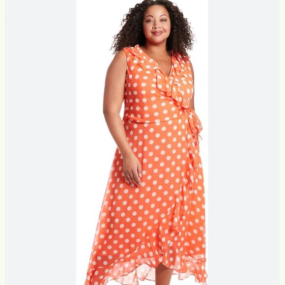 NWT London Times Chiffon Ruffle Maxi Dress (Plus) 22W, ORANGE/ WHT Polka Dot - Picture 1 of 10